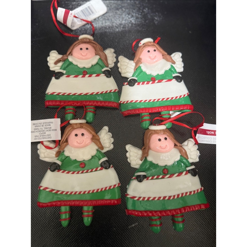 Lot‎ of 4 Resin Angel Christmas Ornaments Green Dress  Candy Cane